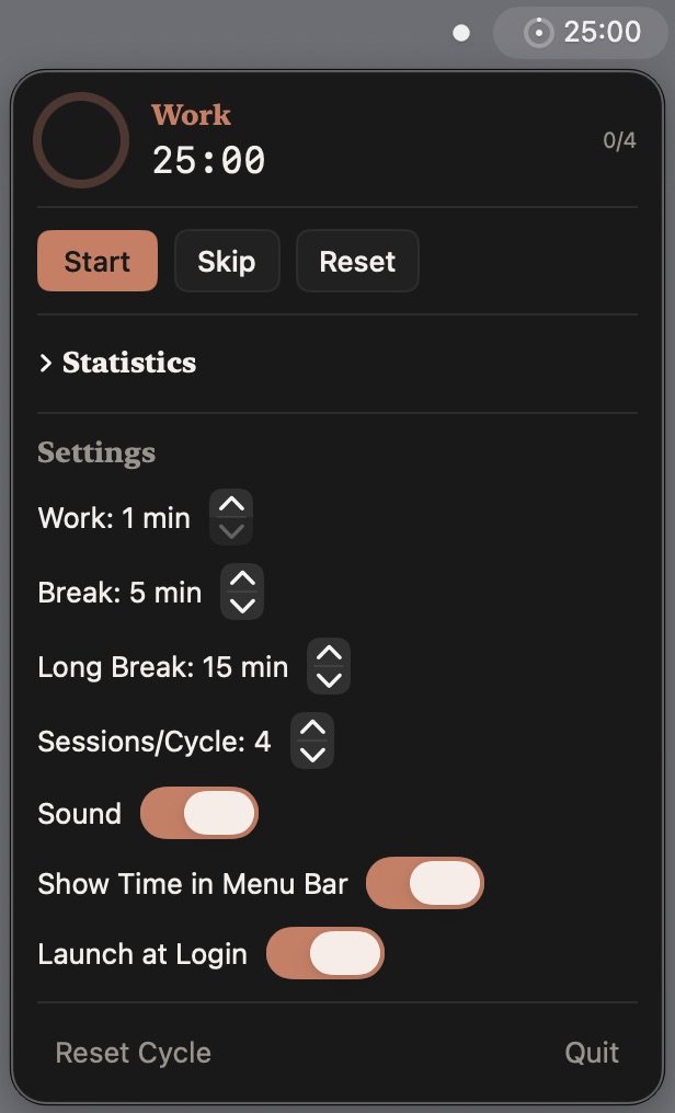 PomBar running in the macOS menu bar with the timer dropdown open