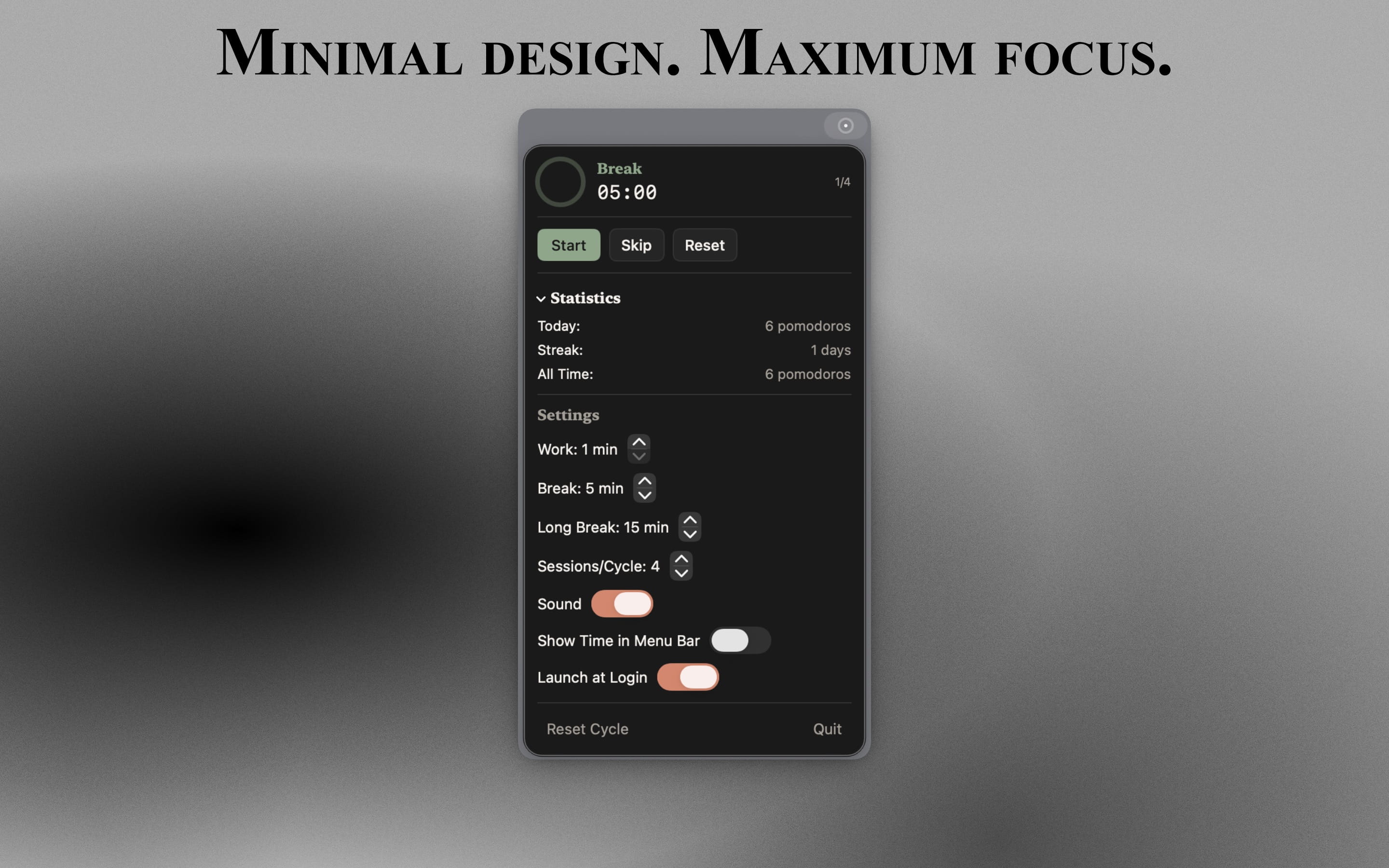 PomBar dropdown showing timer display, controls, and session counter